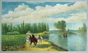 painting of barge on river pulled by horses